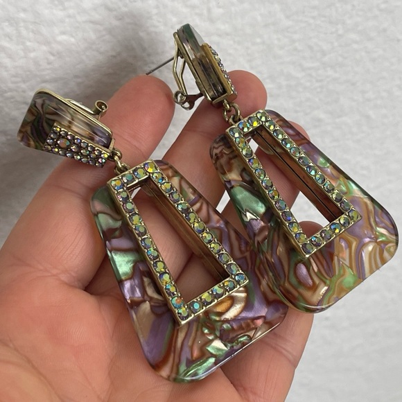 Heidi Daus abalone shell print plastic, Swarovski crystal pierced earrings